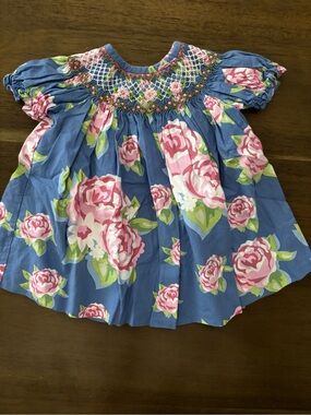 Girls Blue Floral Smocked Dress